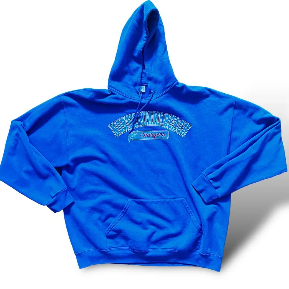 Vibrant Blue Hoodie with North Miami Beach Chargers Graphic - Size Large